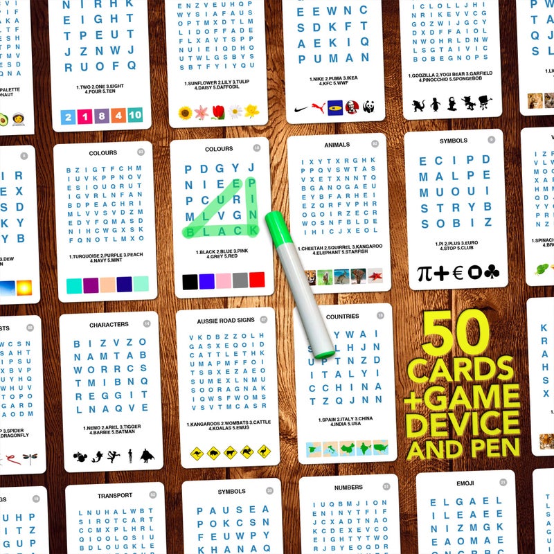 100 PICS Word Search Travel Game - 100 Puzzles with Picture Clues | 50 Wipe Clean Cards with Slide Reveal case and Pen | Activity, Gift, Stocking Stuffer | for Kids and Adults, Age 6+ - Image 4